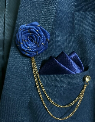Picture of Ribbon Rose Flower Brooch Pin Badge Tassel Chain With Matching Pocket Square Set For Men (Blue)