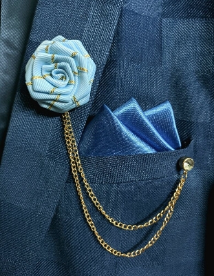 Picture of Ribbon Rose Flower Brooch Pin Badge Tassel Chain With Matching Pocket Square Set For Men (Light blue)