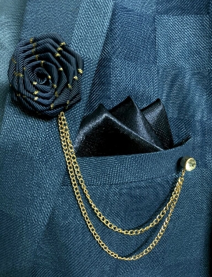 Picture of Ribbon Rose Flower Brooch Pin Badge Tassel Chain With Matching Pocket Square Set For Men (Navy Blue)