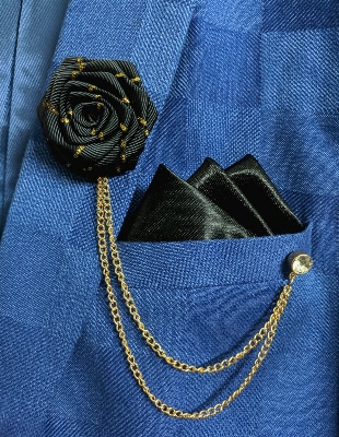 Picture of Ribbon Rose Flower Brooch Pin Badge Tassel Chain With Matching Pocket Square Set For Men (Black)