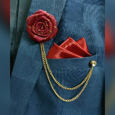 Picture of Ribbon Rose Flower Brooch Pin Badge Tassel Chain With Matching Pocket Square Set For Men (Magenta)