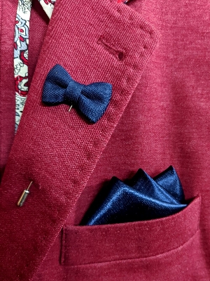 Picture of Bow Knot Lapel Pin Brooch With Matching Pocket Square For Men Fashion Accessories (Navy Blue)