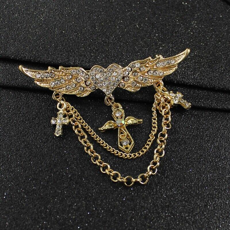 Picture of Fashion Angel Wings Heart Crystal Golden Brooch Multi-layer Chain Tassel Wings Brooch (Gold)