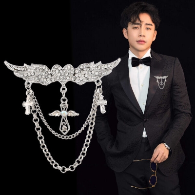 Picture of Fashion Angel Wings Heart Crystal Golden Brooch Multi-layer Chain Tassel Wings Brooch (Silver)