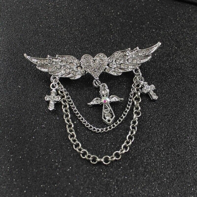 Picture of Fashion Angel Wings Heart Crystal Golden Brooch Multi-layer Chain Tassel Wings Brooch (Silver)