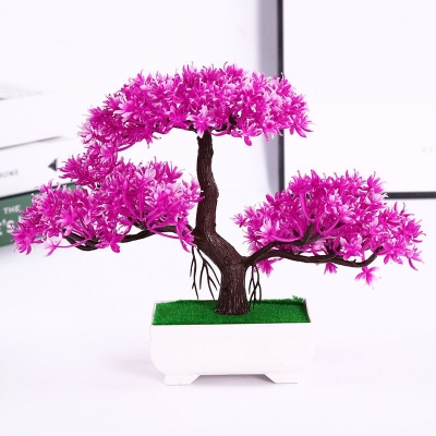 Picture of Artificial Bonsai Tree,Plastic Fake Plant Decoration Potted Artificial House Plants Guest-greeting Pine Bonsai Plant for Home Decoration Desktop Display  - Artificial Tree and Grass -  Purple - Purple