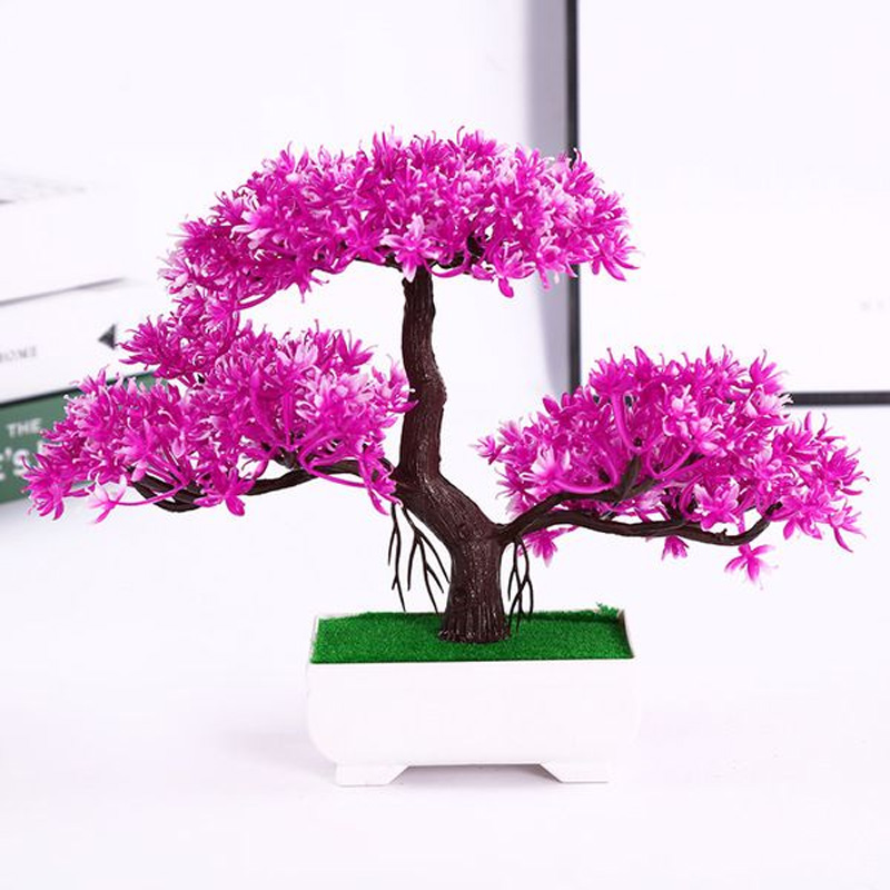 Picture of Artificial Bonsai Tree,Plastic Fake Plant Decoration Potted Artificial House Plants Guest-greeting Pine Bonsai Plant for Home Decoration Desktop Display  - Artificial Tree and Grass -  Purple - Purple