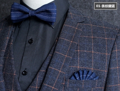 Picture of Men's Readymade Pocket Square Wedding Dress Matching Chest Scarf Square Brooch Pin (Navy Blue With Strip)