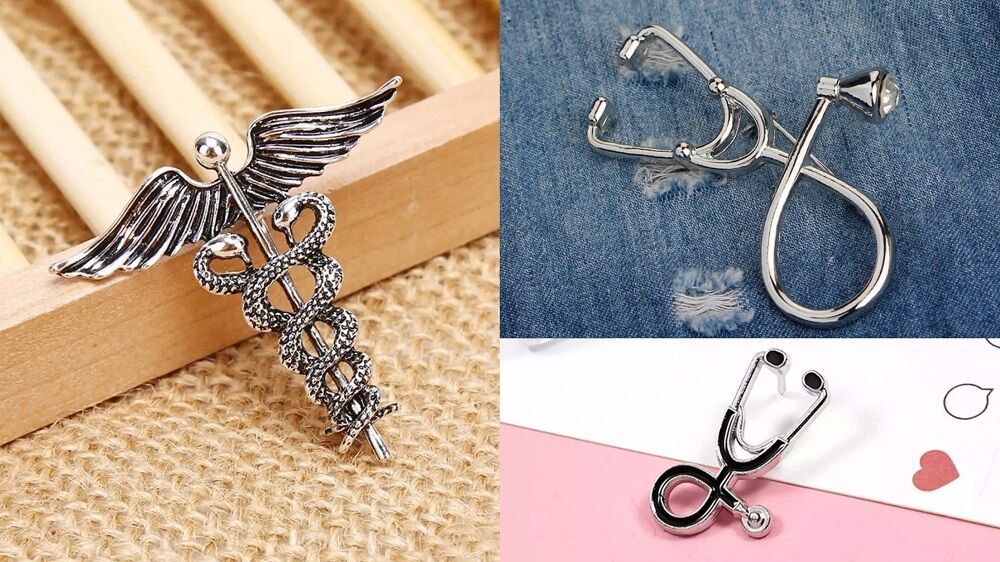 Picture of Medical Professionals / Doctor Brooch Set – 3pcs Suit & Collar Accessories for Men & Women (Antique Silver Ceduceus)