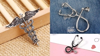 Picture of Medical Professionals / Doctor Brooch Set – 3pcs Suit & Collar Accessories for Men & Women (Antique Silver Ceduceus)