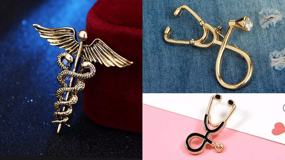 Picture of Medical Professionals / Doctor Brooch Set – 3pcs Suit & Collar Accessories for Men & Women (Bronze Ceduceus Golden)