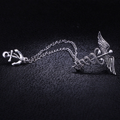 Picture of Vintage Zodiac Snake Men's Angel Wings Ceduceus with Anchor Lapel Chain Brooch (Light Ash)