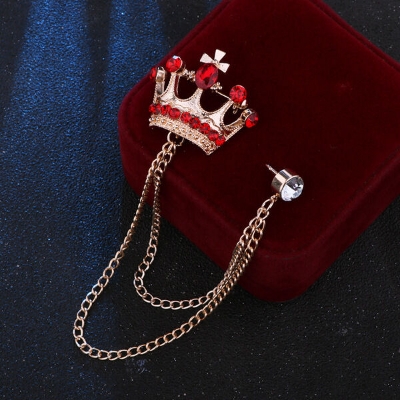 Picture of Crystal Red Stone Crown Chain Crown Brooch For Men & Women Fashion Accessories (Golden)