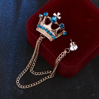 Picture of Crystal Light Blue Stone Crown Chain Crown Brooch For Men & Women Fashion Accessories (Golden)
