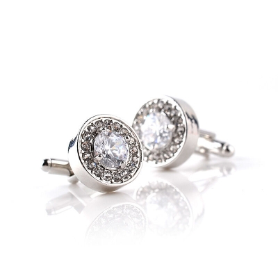 Picture of Crystal Stone Round Cufflinks Pair For French Cuff Shirt Button (White)