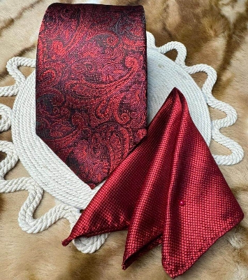 Picture of Luxury Fashionable Neck Tie + Matching Pocket Square Set for Men (1 Set) (Cashew Maroon,Int: One size)