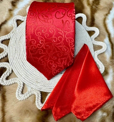 Picture of Luxury Fashionable Neck Tie + Matching Pocket Square Set for Men (1 Set) (Cashew Red,Int: One size)