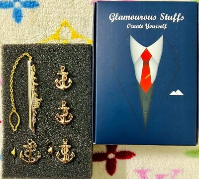 Picture of Marine/Naval Ship Tie Clip + Cufflinks + Anchor Pin 4ps Set Brooch For Men Suit/Shirt Fashion Accessories (Warship Tie Clip Set)