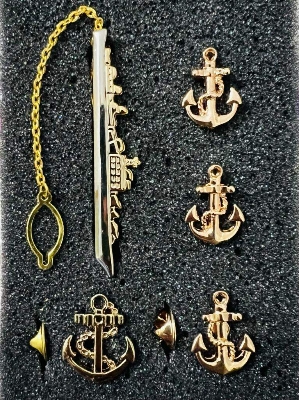 Picture of Marine/Naval Ship Tie Clip + Cufflinks + Anchor Pin 4ps Set Brooch For Men Suit/Shirt Fashion Accessories (Warship Tie Clip Set)