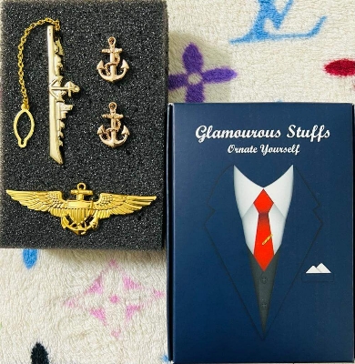Picture of Marine/Naval Ship + Anchor Cufflinks with Anchor Wings Brooch – 3-Piece Set for Men’s Suit & Shirt Accessories (Anchor Tie Clip Set)