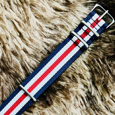Picture of Fashionable Nylon Metal Watch Strap for man - 22mm (1Ps) (Blue, White & Red Stripe)