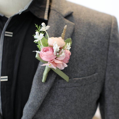 Picture of Wedding Boutonniere 3 Rose Bouquet Chest Brooch For Suit Lapel Fashion Accessories (1PS) (ll Soft Pink + Off W)