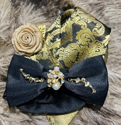 Picture of Luxury Pearl Design Bow Tie + Flower Lapel + Pocket Square 3p Set For Men (Navy Blue,Int: One size)