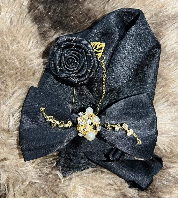 Picture of Luxury Pearl Design Bow Tie + Flower Lapel + Pocket Square 3p Set For Men (Black,Int: One size)