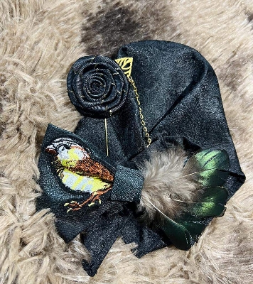 Picture of Luxury Embroidery Feather Bow Tie + Flower Lapel + Pocket Square 3p Set For Men (Black,Int: One size)