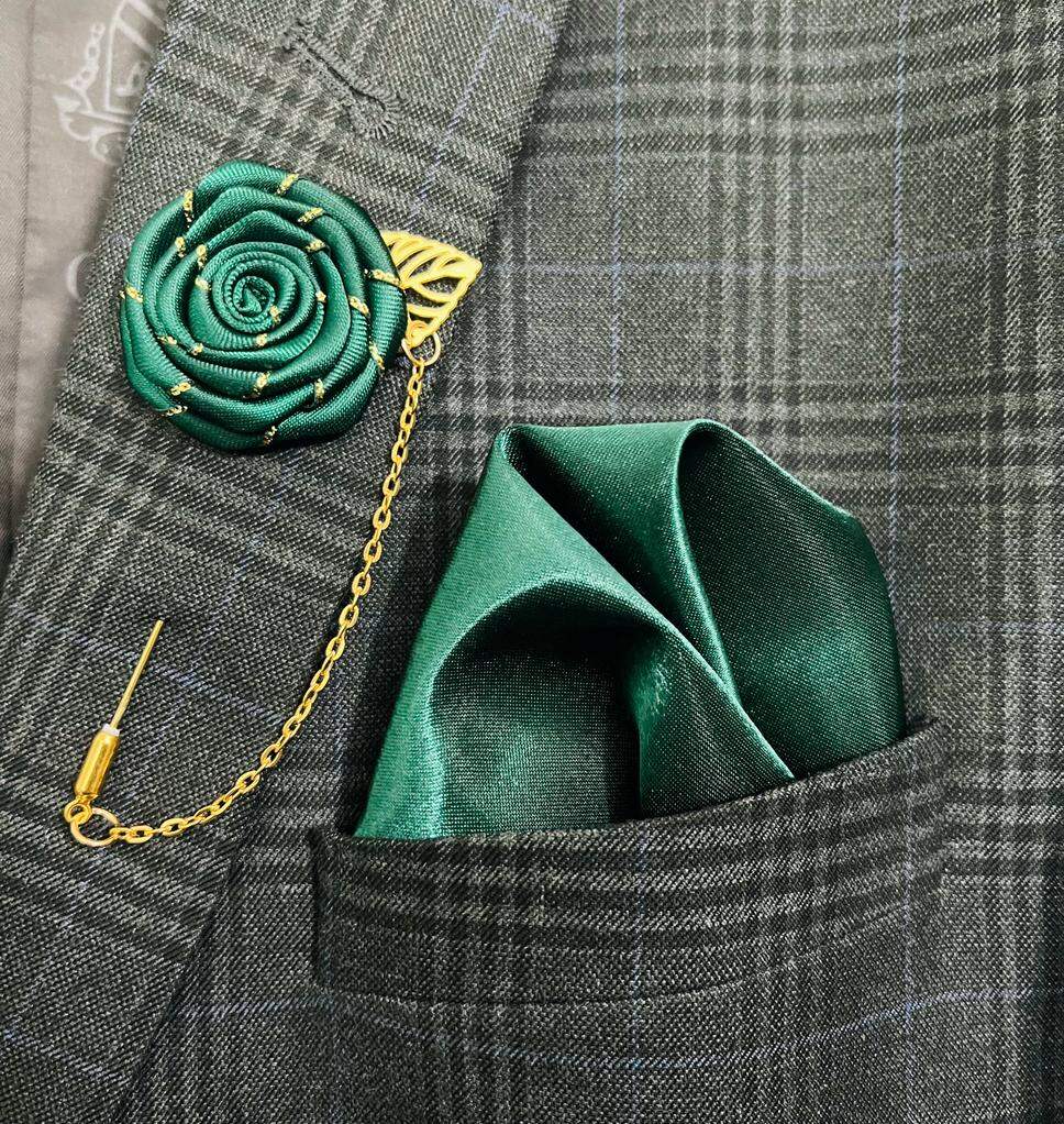 Picture of Luxury Embroidery Feather Bow Tie + Flower Lapel + Pocket Square 3p Set For Men (Black & Green,Int: One size)