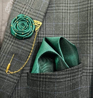 Picture of Luxury Embroidery Feather Bow Tie + Flower Lapel + Pocket Square 3p Set For Men (Black & Green,Int: One size)