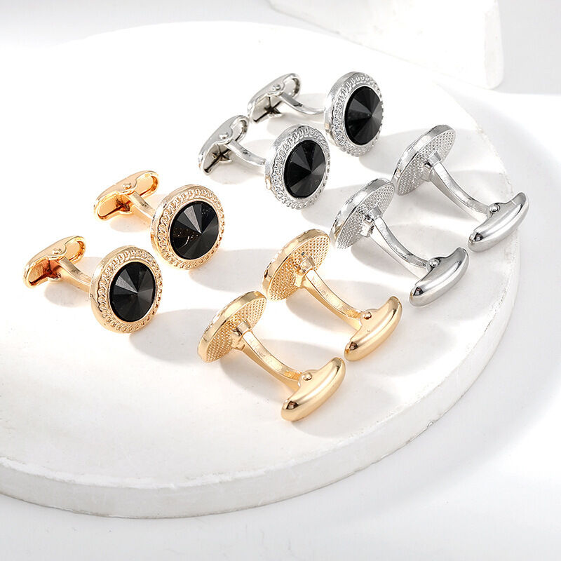 Picture of Stoned Round French Cufflinks Pair Set For Men (1 Pair) (Silver Black Stone)