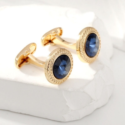 Picture of Stoned Round French Cufflinks Pair Set For Men (1 Pair) (Golden Blue Stone)