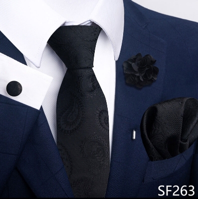 Picture of Luxury Fashionable Neck Tie + Pocket Square + Cufflinks & Lapel Flower 4 item Tie Set For Men (1Set)-No Box (SF263,Int: One size)