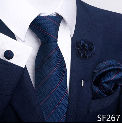 Picture of Luxury Fashionable Neck Tie + Pocket Square + Cufflinks & Lapel Flower 4 item Tie Set For Men (1Set)-No Box (SF267,Int: One size)