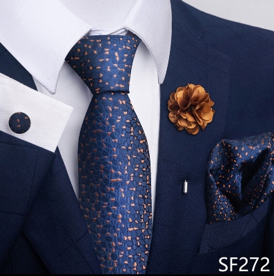 Picture of Luxury Fashionable Neck Tie + Pocket Square + Cufflinks & Lapel Flower 4 item Tie Set For Men (1Set)-No Box (SF272,Int: One size)