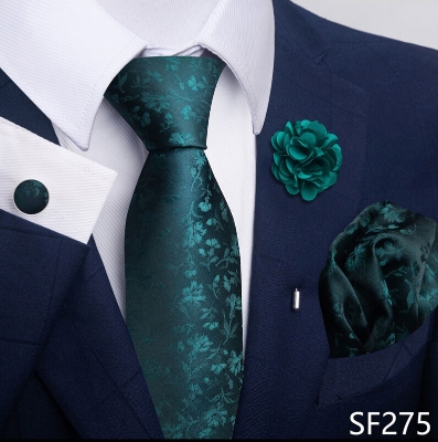 Picture of Luxury Fashionable Neck Tie + Pocket Square + Cufflinks & Lapel Flower 4 item Tie Set For Men (1Set)-No Box (SF275,Int: One size)