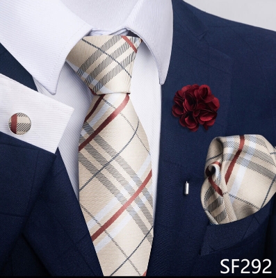 Picture of Luxury Fashionable Neck Tie + Pocket Square + Cufflinks & Lapel Flower 4 item Tie Set For Men (1Set)-No Box (SF292,Int: One size)