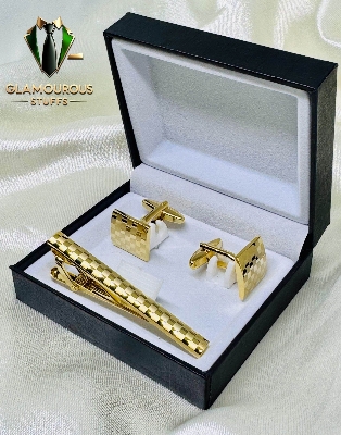 Picture of Luxury Cufflinks & Tie Clip Set for Men – Stylish French Cuff Shirt Accessories (1 Set) (Square Golden Set)