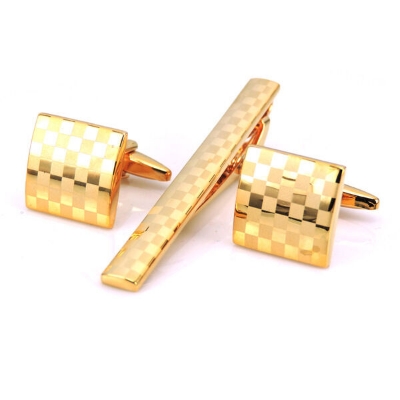Picture of Luxury Cufflinks & Tie Clip Set for Men – Stylish French Cuff Shirt Accessories (1 Set) (Square Golden Set)