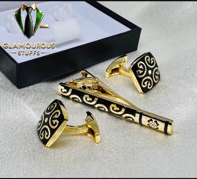 Picture of Luxury Cufflinks & Tie Clip Set for Men – Stylish French Cuff Shirt Accessories (1 Set) (Blossom Golden Set)