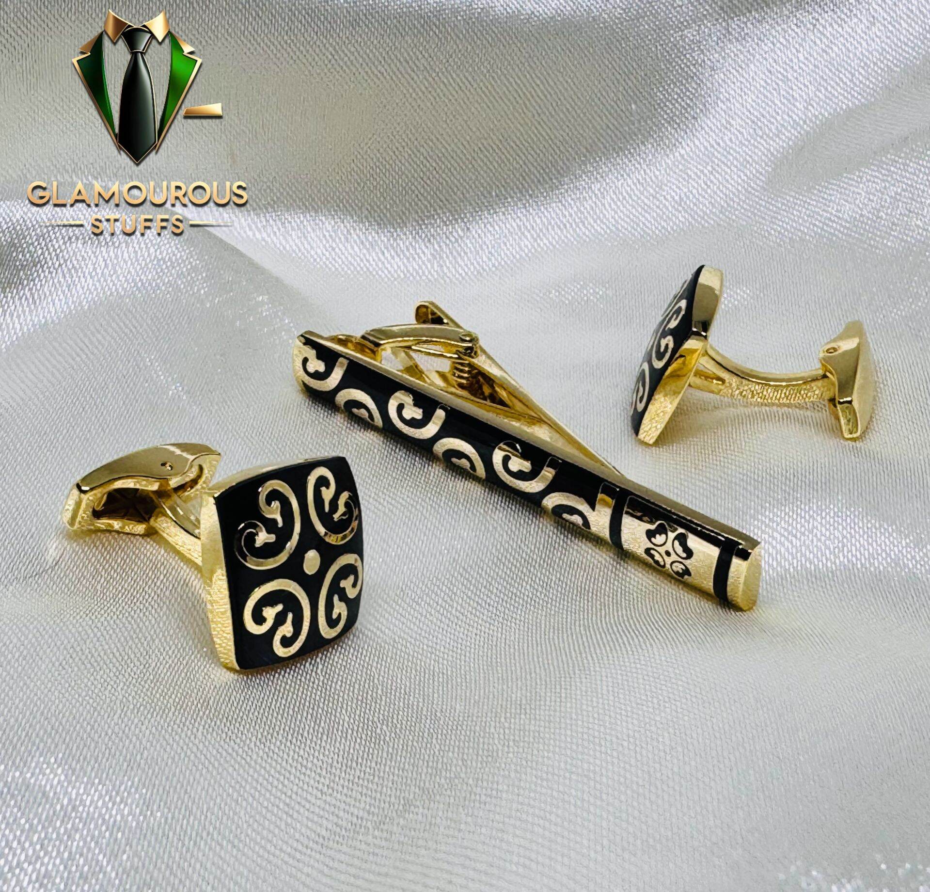 Picture of Luxury Cufflinks & Tie Clip Set for Men – Stylish French Cuff Shirt Accessories (1 Set) (Blossom Golden Set)