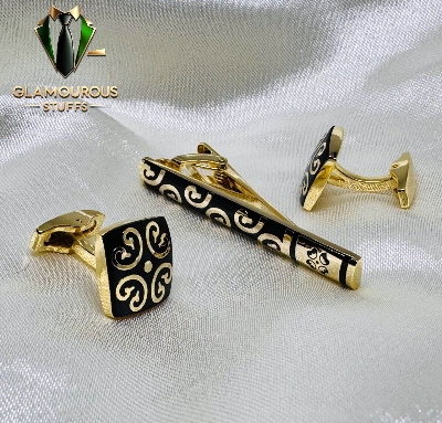 Picture of Luxury Cufflinks & Tie Clip Set for Men – Stylish French Cuff Shirt Accessories (1 Set) (Blossom Golden Set)