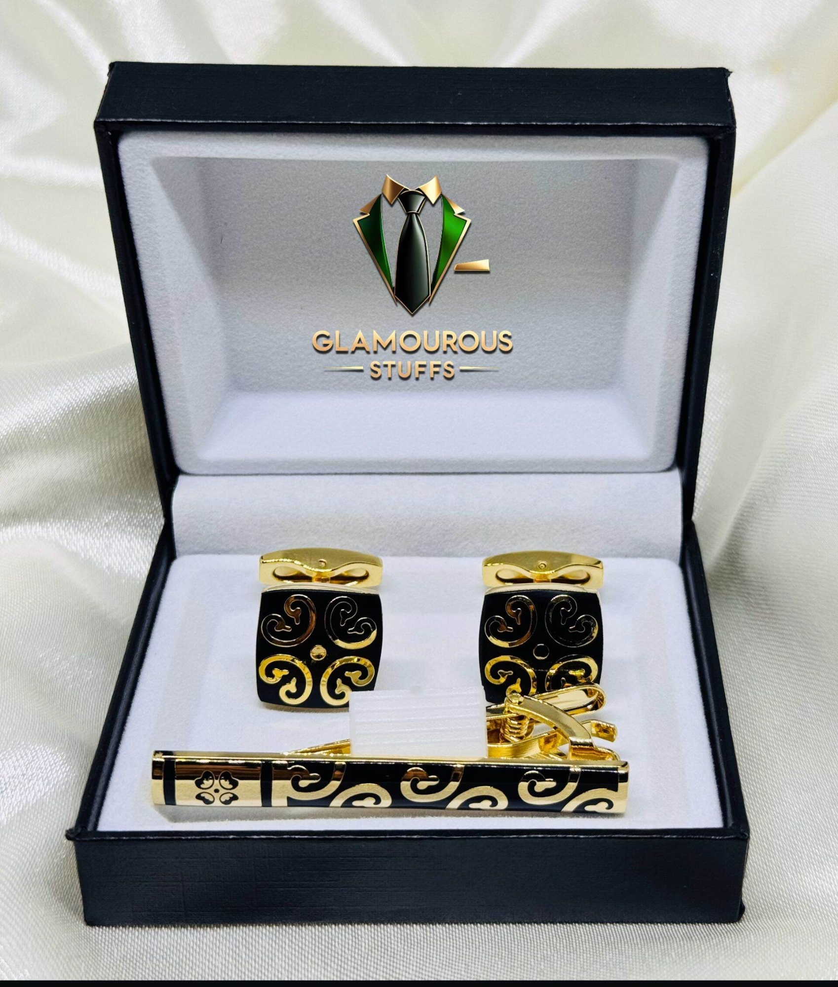 Picture of Luxury Cufflinks & Tie Clip Set for Men – Stylish French Cuff Shirt Accessories (1 Set) (Blossom Golden Set)