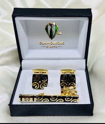 Picture of Luxury Cufflinks & Tie Clip Set for Men – Stylish French Cuff Shirt Accessories (1 Set) (Blossom Golden Set)