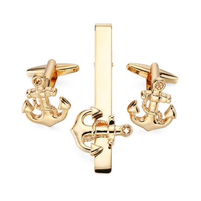 Picture of Luxury Anchor Cufflinks & Tie Clip Set For Men Fashion Shirt Accessories (1 Set) (Anchor Golden Set)