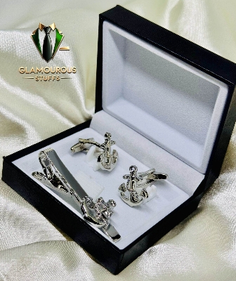 Picture of Luxury Anchor Cufflinks & Tie Clip Set For Men Fashion Shirt Accessories (1 Set) (Anchor Silver Set)