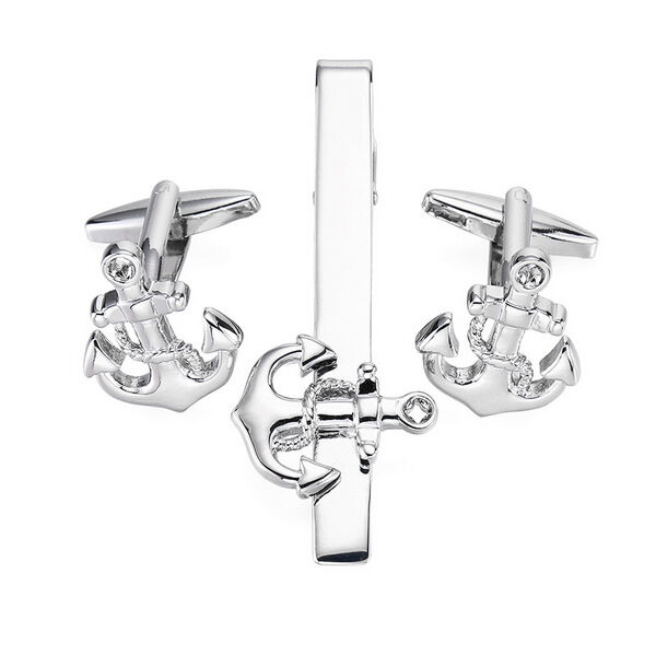 Picture of Luxury Anchor Cufflinks & Tie Clip Set For Men Fashion Shirt Accessories (1 Set) (Anchor Silver Set)