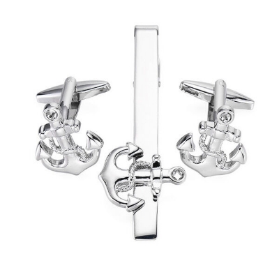 Picture of Luxury Anchor Cufflinks & Tie Clip Set For Men Fashion Shirt Accessories (1 Set) (Anchor Silver Set)