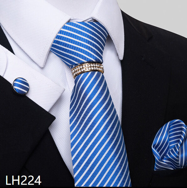 Picture of Luxury Jacquard Tie + Pocket Square + Cufflinks & Tie Knot Gold Ring 4 item Tie Set For Men (1 Set) (LH224,Int: One size)